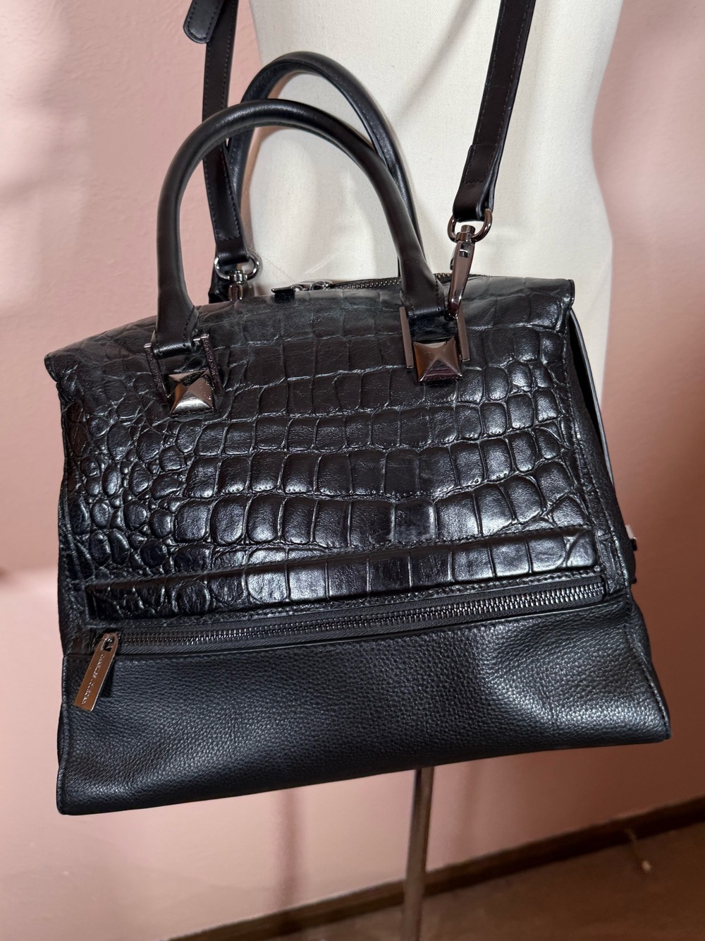 Charles Jourdan crocodile embossed black leather bowler satchel Bag ‘Janice’